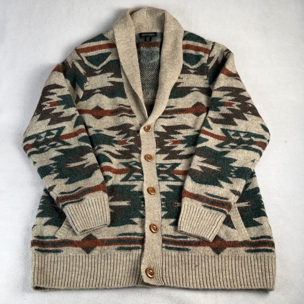 Ethan Pierce Mens XL Southwestern Aztec Shawl Collar Wool Blend Cardigan Sweater